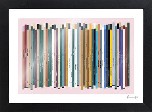 Personalised birthday number one music print & frame, showing 50 years of song titles on colourful record spines with a personal message.