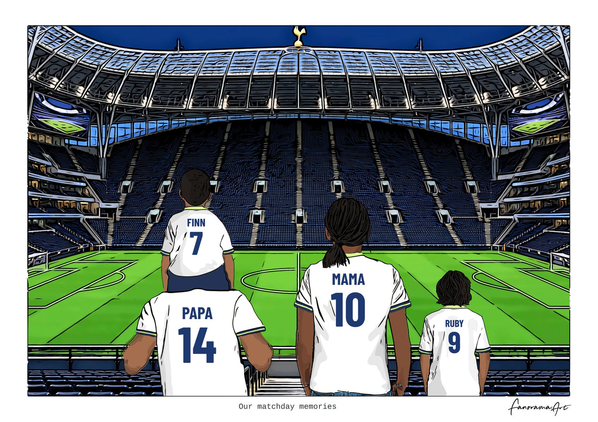 Personalised Tottenham Hotspur digital artwork with PAPA, MAMA, RUBY, pitch side at Tottenham Hotspur Stadium.