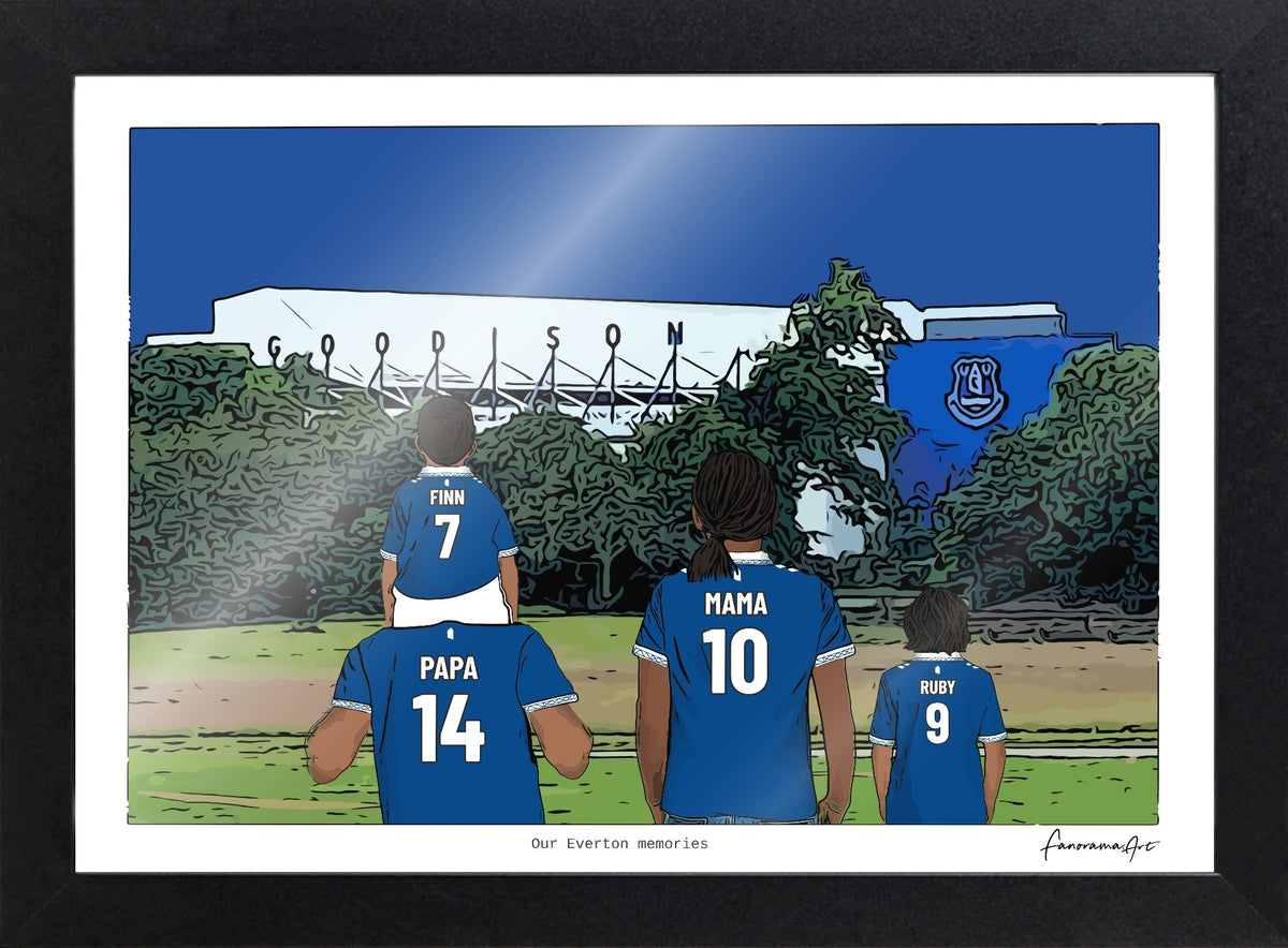 Personalised Everton print with PAPA, MAMA, RUBY, Print & Frame at Goodison Park.