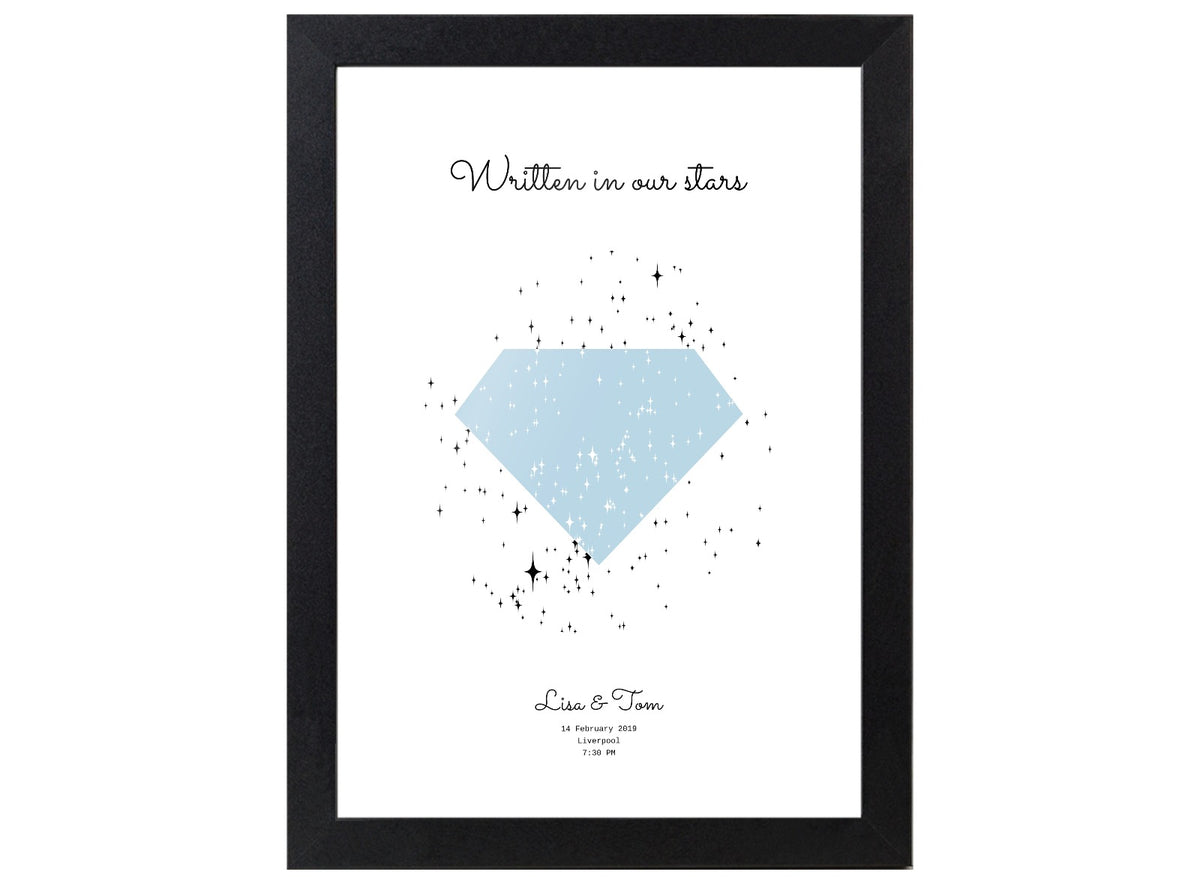 Engagement Star Print shown as portrait framed print, personalised with names and meaningful dates.