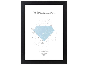 Engagement Star Print shown as portrait framed print, personalised with names and meaningful dates.