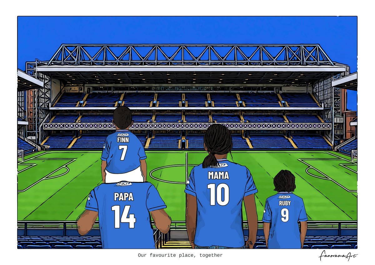 Personalised Rangers digital artwork with PAPA, MAMA, RUBY, pitch side at Ibrox Stadium.