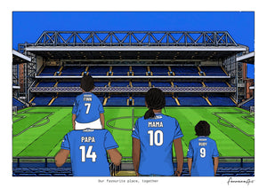 Personalised Rangers digital artwork with PAPA, MAMA, RUBY, pitch side at Ibrox Stadium.