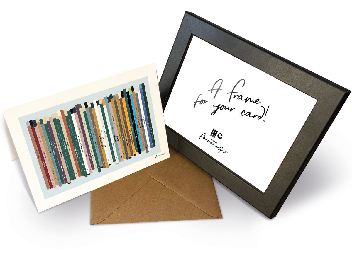 Personalised 40th birthday music card, born in 1986, shown as 7x5" greeting card & frame with 40 colourful song spines and a birthday message.