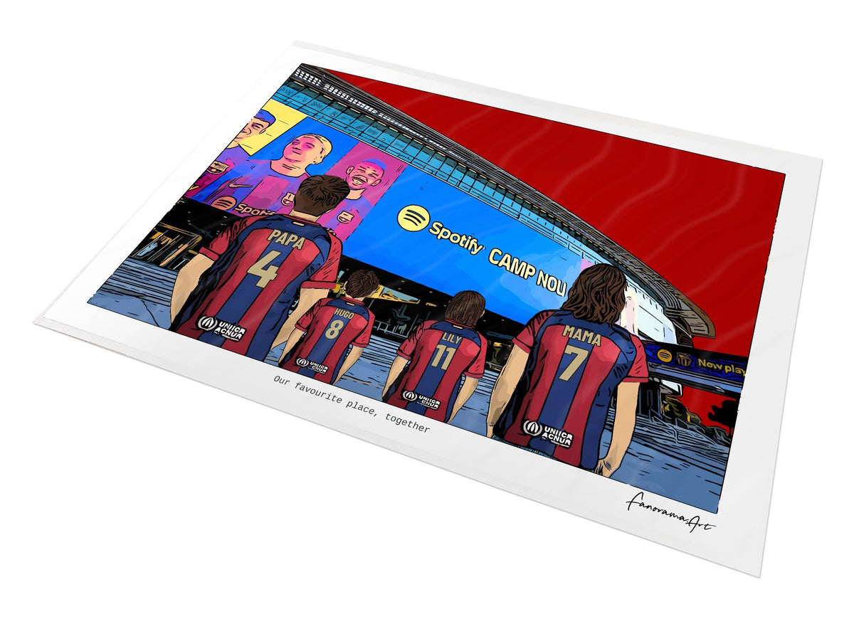 Personalised Barcelona print with PAPA, HUGO, LILY, MAMA, Print at Spotify Camp Nou.