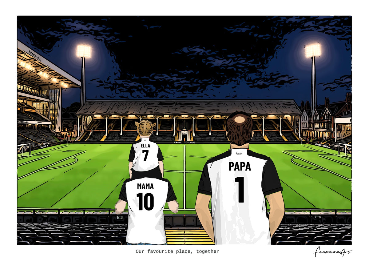 Personalised Fulham digital artwork with MAMA, PAPA, pitch side at night at Craven Cottage.