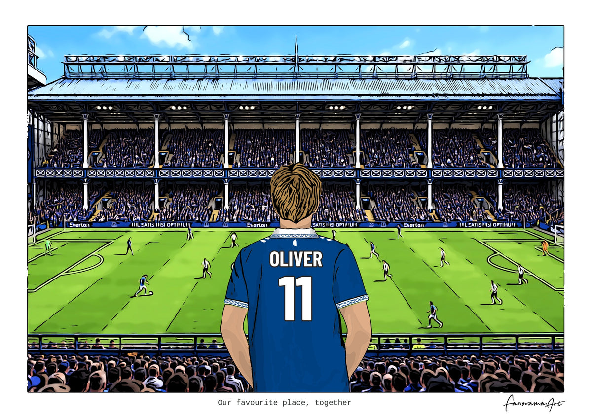 Personalised Everton digital artwork with OLIVER, in game at Goodison Park.