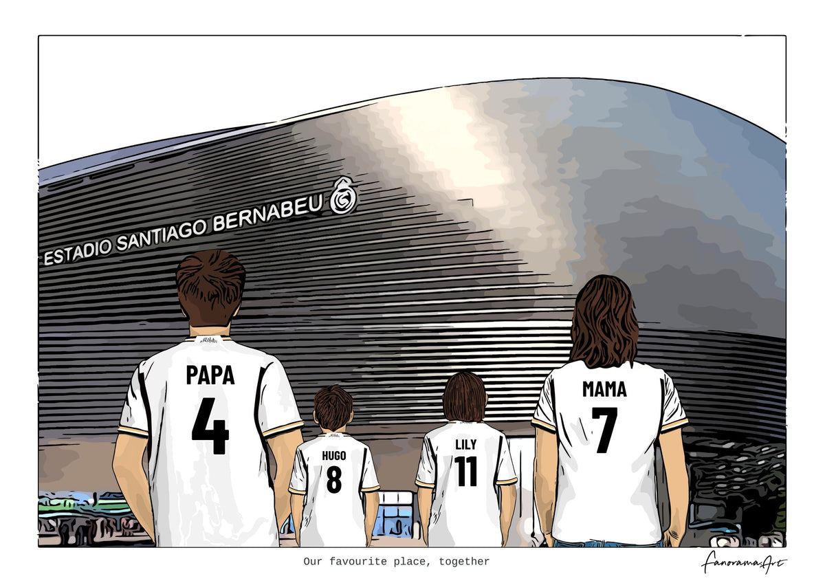 Personalised Real Madrid digital artwork with PAPA, HUGO, LILY, MAMA, real madrid santiago bernabeu stadium at Santiago Bernabéu Stadium.