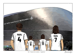 Personalised Real Madrid digital artwork with PAPA, HUGO, LILY, MAMA, real madrid santiago bernabeu stadium at Santiago Bernabéu Stadium.