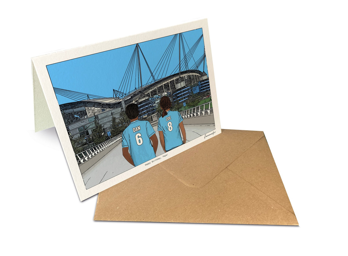 Personalised Manchester City greeting card with DAN, ZOE, 7x5" Greeting Card at Etihad Stadium.