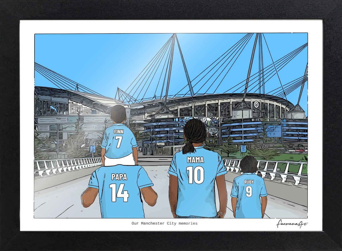 Personalised Manchester City print with PAPA, MAMA, RUBY, Print & Frame at Etihad Stadium.