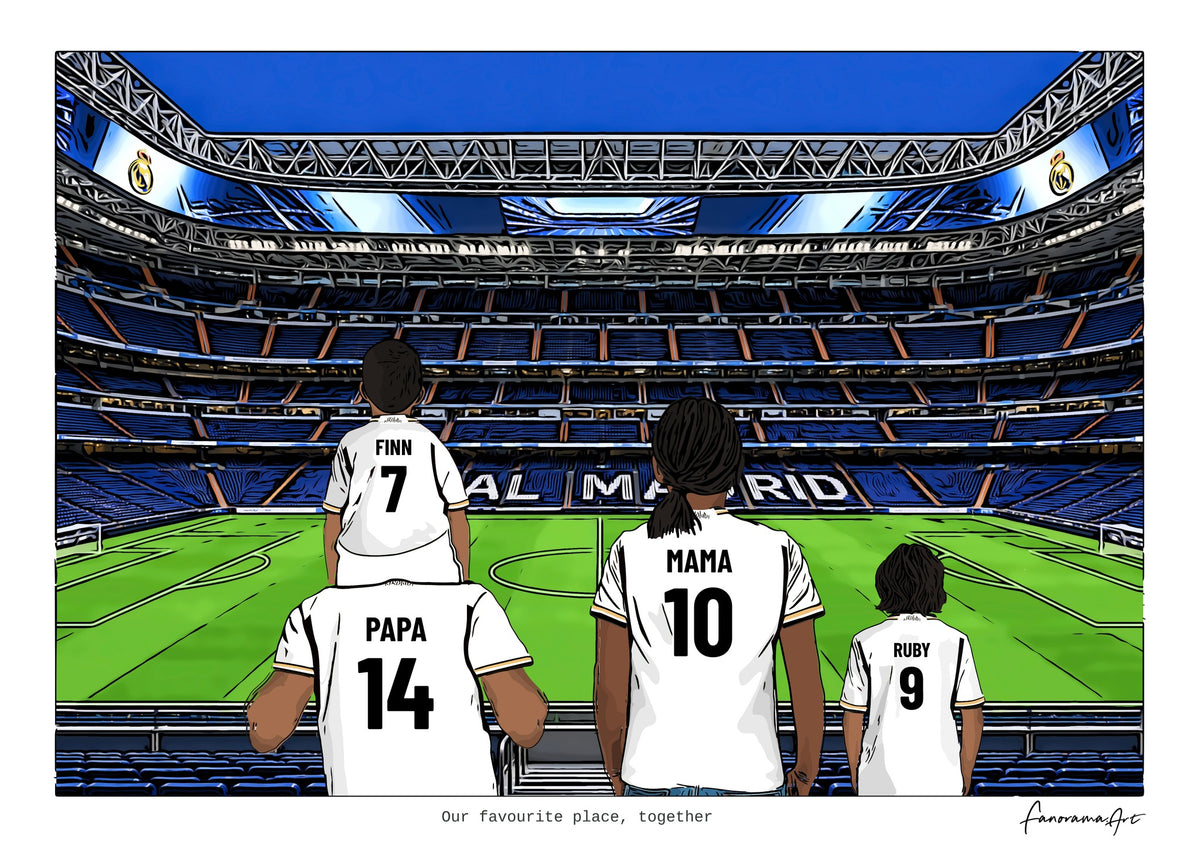 Personalised Real Madrid digital artwork with PAPA, MAMA, RUBY, pitch side at Santiago Bernabéu Stadium.
