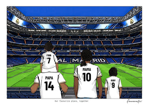 Personalised Real Madrid digital artwork with PAPA, MAMA, RUBY, pitch side at Santiago Bernabéu Stadium.