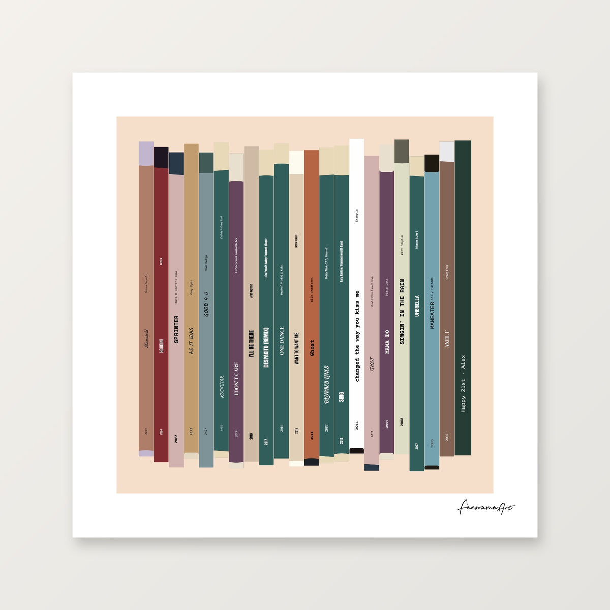 Personalised 21st birthday number one music print, born in 2005, shown as 8×8 square print with 21 colourful song spines and a birthday message.
