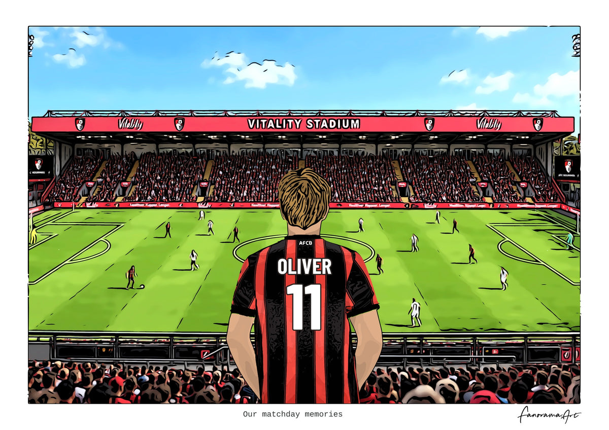 Personalised Bournemouth digital artwork with OLIVER, in game at Vitality Stadium.