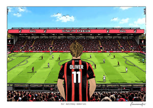 Personalised Bournemouth digital artwork with OLIVER, in game at Vitality Stadium.