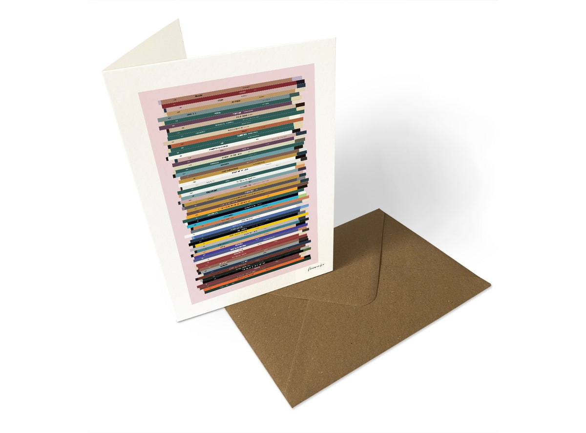 Personalised 60th birthday music card, born in 1966, shown as card portrait with 60 colourful song spines and a birthday message.