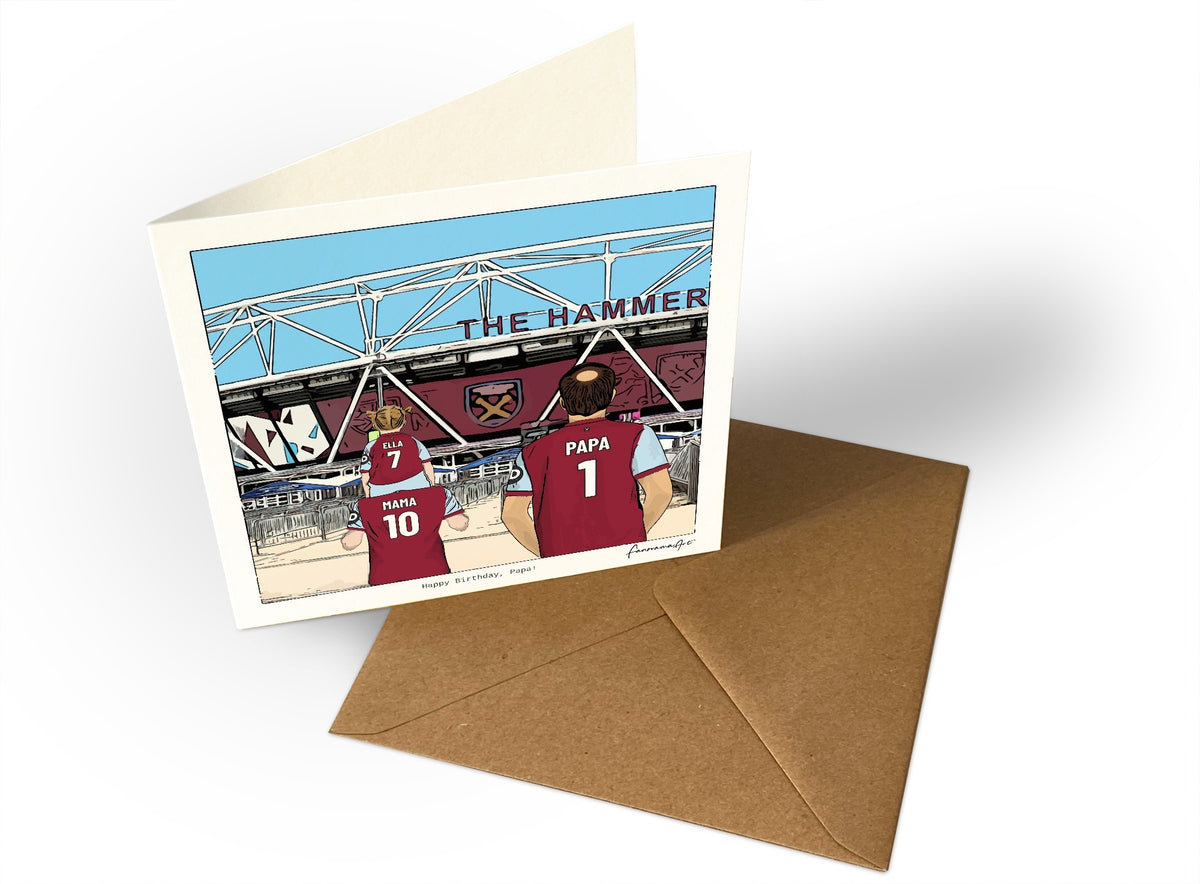 Personalised West Ham United greeting card with MAMA, PAPA, Square Greeting Card at London Stadium.