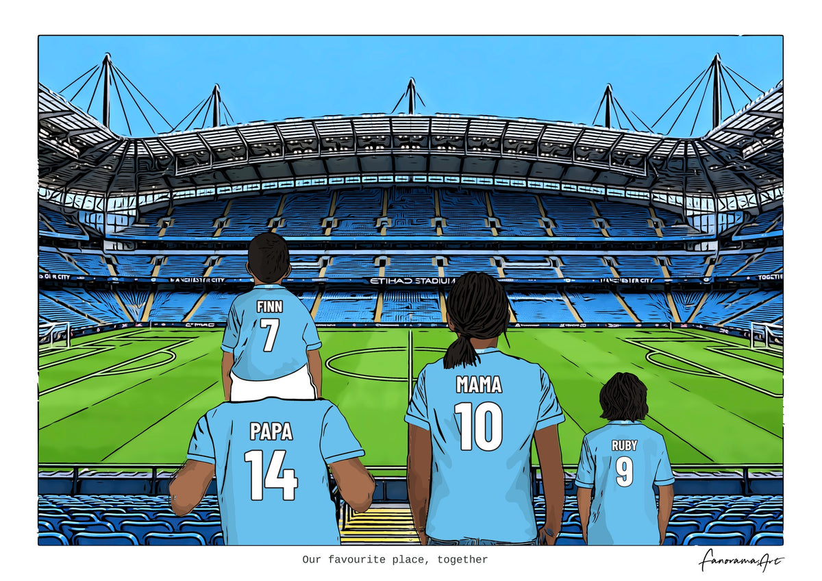 Personalised Manchester City digital artwork with PAPA, MAMA, RUBY, pitch side at Etihad Stadium.