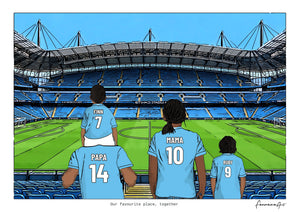 Personalised Manchester City digital artwork with PAPA, MAMA, RUBY, pitch side at Etihad Stadium.