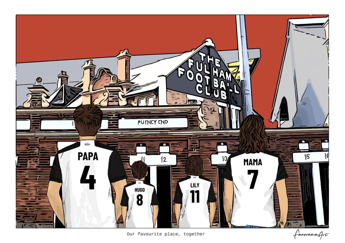 Personalised Fulham digital artwork with PAPA, HUGO, LILY, MAMA, fulham craven cottage at Craven Cottage.