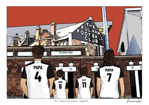 Personalised Fulham digital artwork with PAPA, HUGO, LILY, MAMA, fulham craven cottage at Craven Cottage.