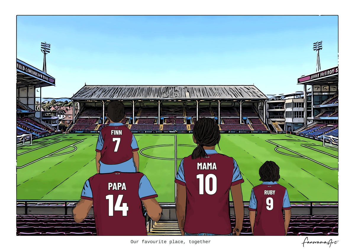 Personalised Burnley digital artwork with PAPA, MAMA, RUBY, pitch side at Turf Moor.
