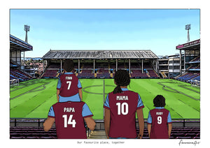 Personalised Burnley digital artwork with PAPA, MAMA, RUBY, pitch side at Turf Moor.