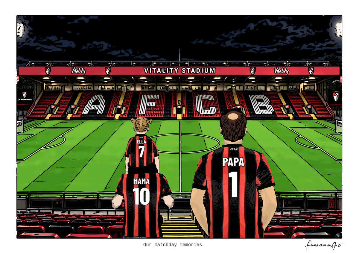 Personalised Bournemouth digital artwork with MAMA, PAPA, pitch side at night at Vitality Stadium.