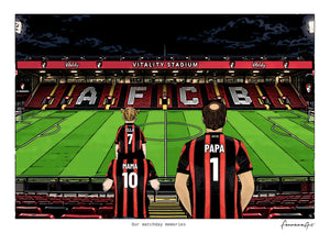 Personalised Bournemouth digital artwork with MAMA, PAPA, pitch side at night at Vitality Stadium.