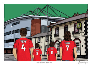 Personalised Wrexham digital artwork with PAPA, HUGO, LILY, MAMA, wrexham racecourse ground at Racecourse Ground.