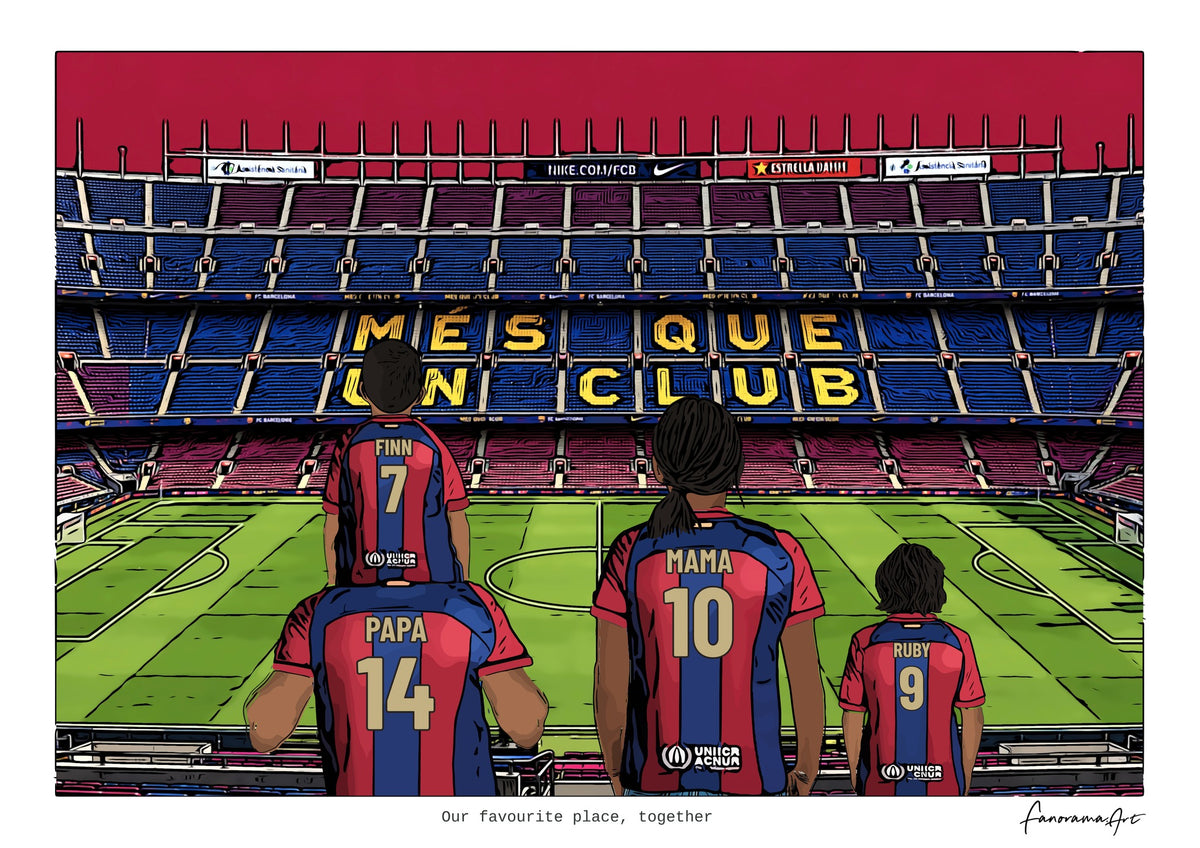 Personalised Barcelona digital artwork with PAPA, MAMA, RUBY, pitch side at Spotify Camp Nou.