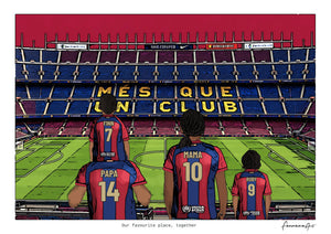 Personalised Barcelona digital artwork with PAPA, MAMA, RUBY, pitch side at Spotify Camp Nou.