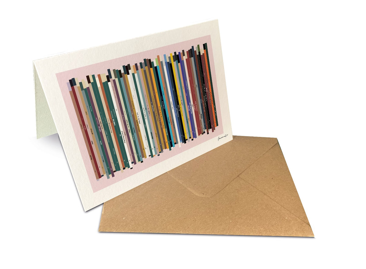 Personalised 60th birthday music card, born in 1966, shown as 7x5" greeting card with 60 colourful song spines and a birthday message.