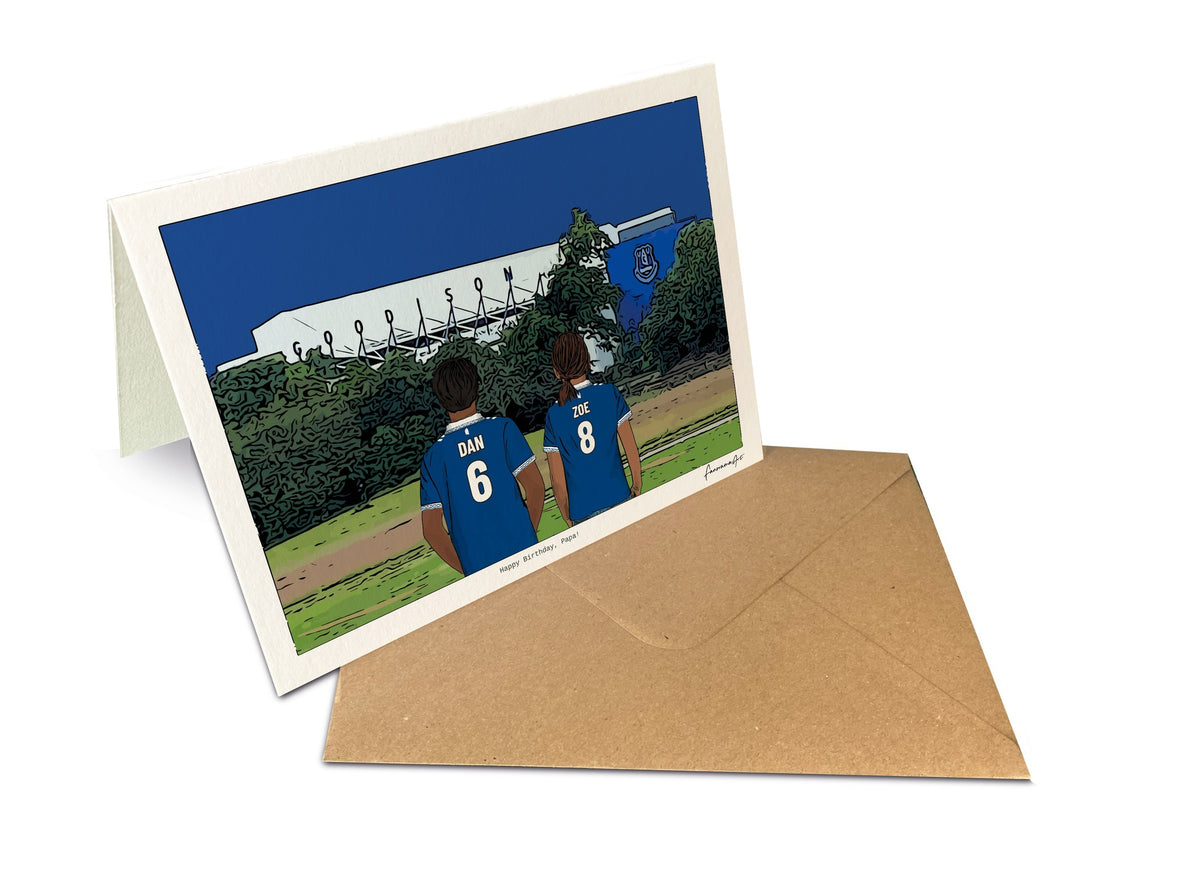 Personalised Everton greeting card with DAN, ZOE, 7x5" Greeting Card at Goodison Park.