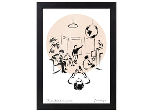 Definitely Maybe inspired brush-ink music artwork with a peach circle, personal message and black A4 frame