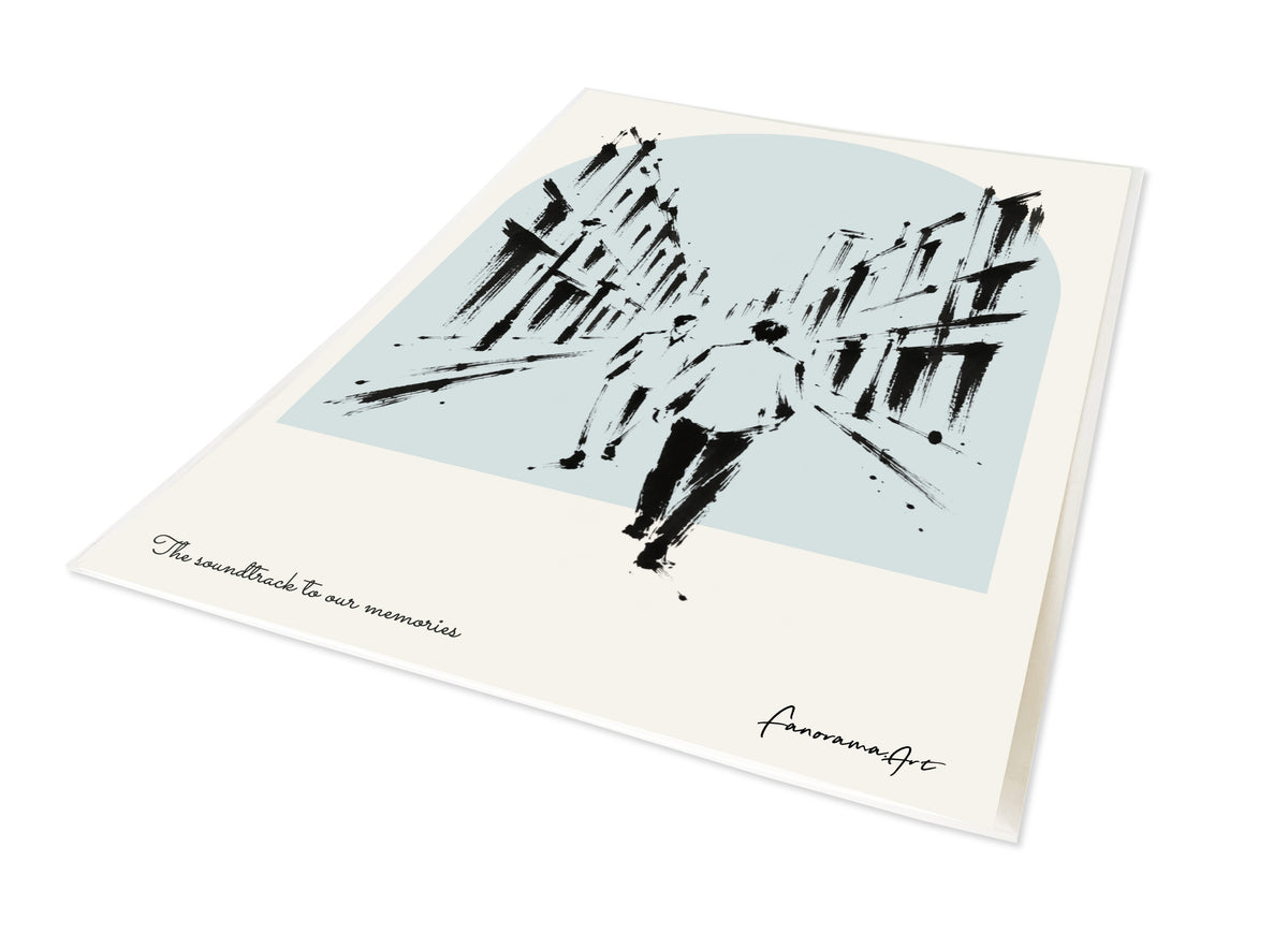Morning Glory inspired personalised A3 portrait brush-ink print with sky-blue arch