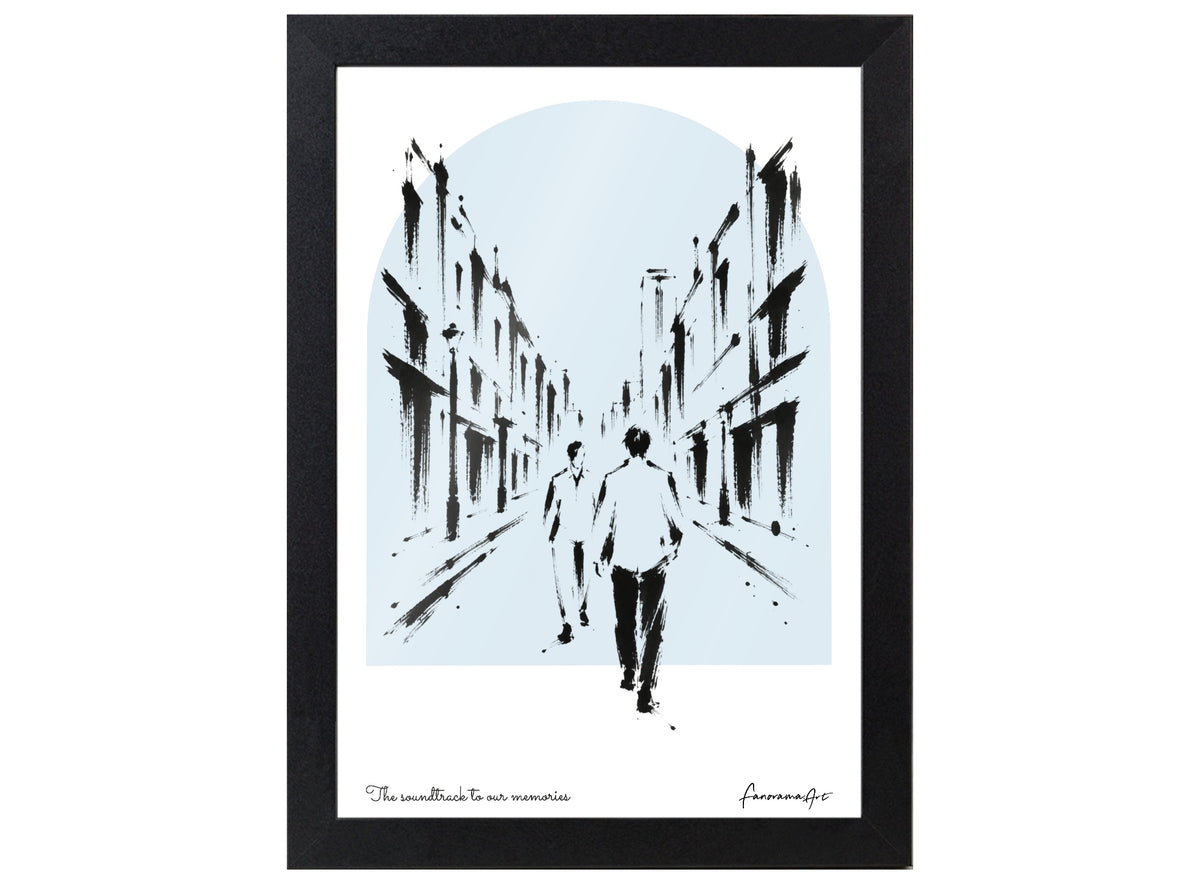 Morning Glory inspired personalised brush-ink artwork with sky-blue arch in a black A4 frame