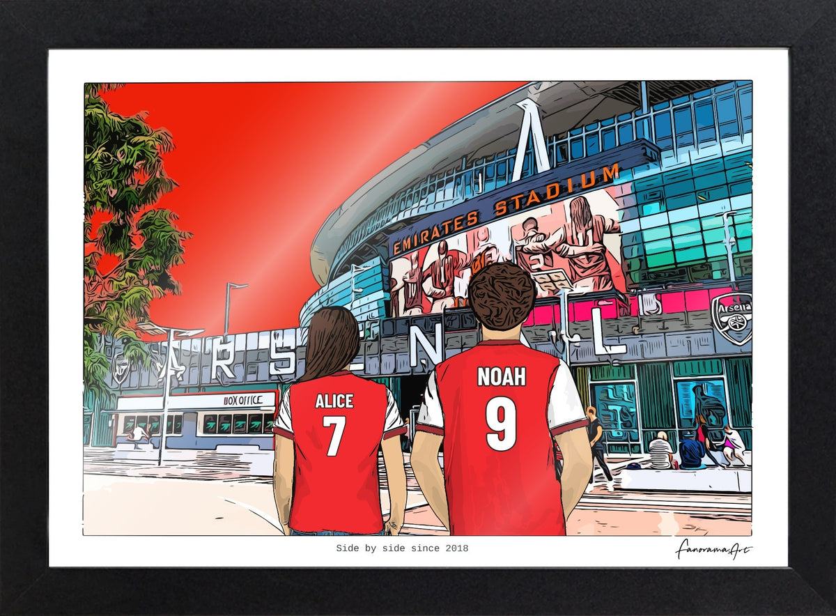A4 Arsenal couple print with Alice 7 and Noah 9 in a black landscape frame.