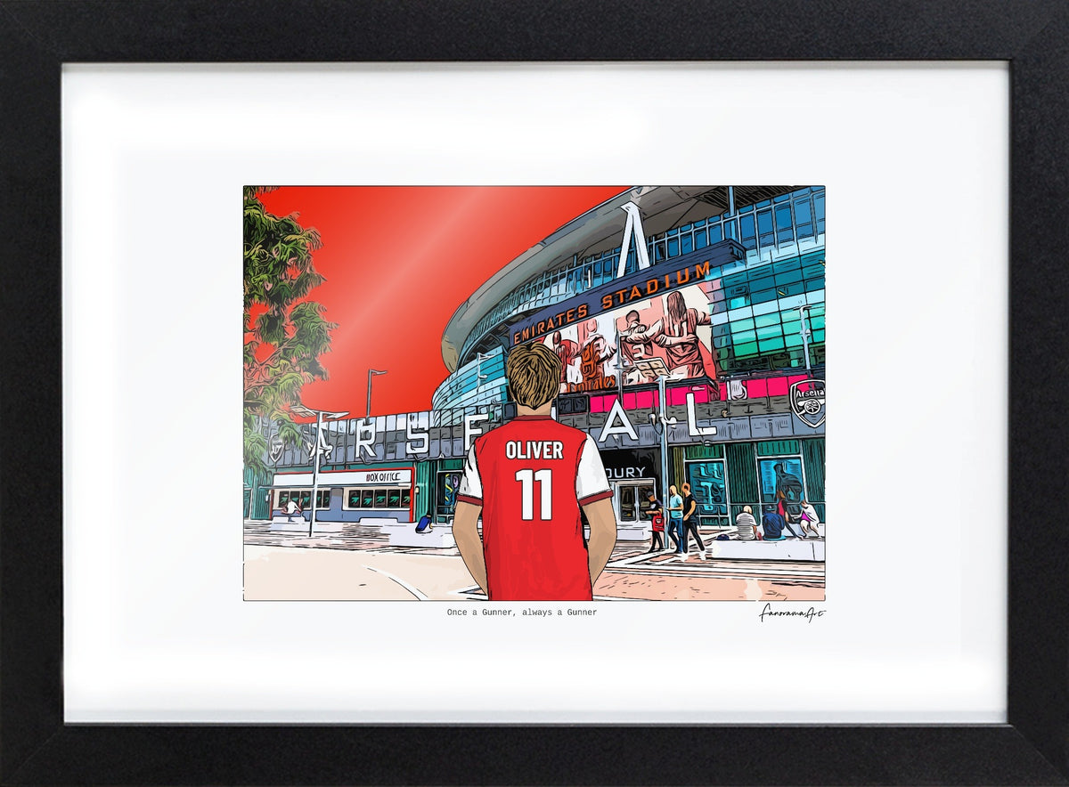 Bordered A4 Arsenal print with Oliver 11, shown in a black frame with a white paper border.